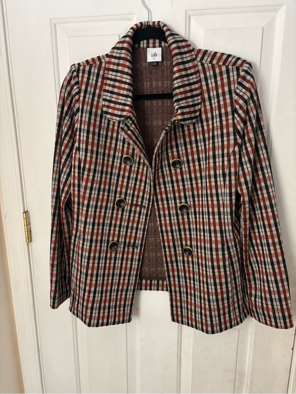 CAbi Plaid Double-Breasted Peacoat in Brown, Black & Red